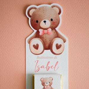 Cioccolatino personalizzato con segnalibro per Battesimo orsetto, segnaposto nascita, tavola compleanno, orsetto carino con fiocco rosa