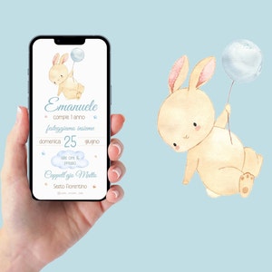 Invito WhatsApp per compleanno bimbo con coniglietto, invito compleanno bambino, invito digitale e-mail e per tutti i social