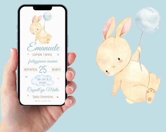 WhatsApp invitation for a child's birthday with a bunny, child's birthday invitation, digital invitation by email and for all social networks