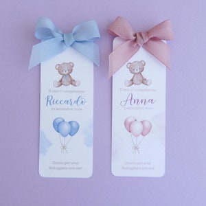 Segnalibro primo compleanno con orsetto personalizzato, segnaposto Battesimo, orsetto carino con fiocco rosa e blu per nascita bimbo e bimba