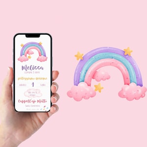 WhatsApp invitation birthday with rainbow, baby girl baptism invitation, digital invitation email and for all social networks