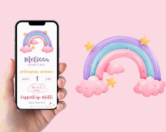 WhatsApp invitation birthday with rainbow, baby girl baptism invitation, digital invitation email and for all social networks