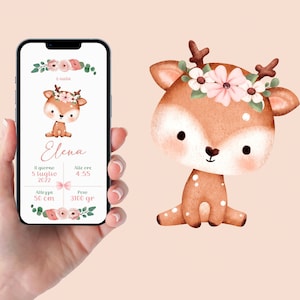 Baby girl birth announcement WhatsApp with fawn, baby girl birth, digital invitation email and for all social networks