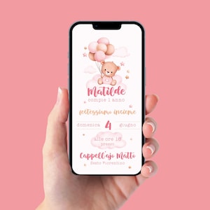 Invito WhatsApp per battesimo con orsetto bambino, invito battesimo orsetta bambina, invito digitale e-mail e per tutti i social compleanno