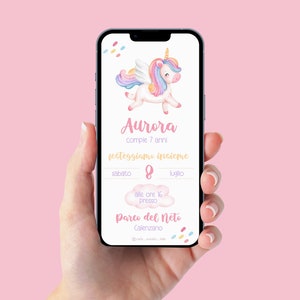 Invito compleanno con unicorno WhatsApp, invito compleanno bambina, invito digitale e-mail e per tutti i social