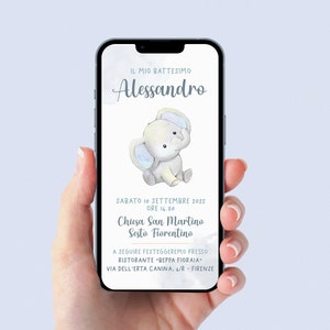 Invito WhatsApp per battesimo con elefantino, invito battesimo bambino, invito digitale e-mail e per tutti i social