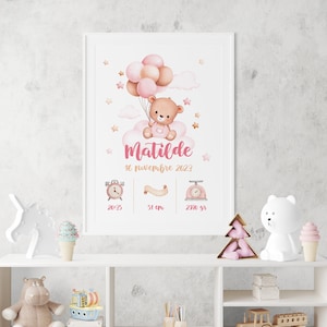 Quadretto nascita personalizzato con orsetto rosa o celeste, idea regalo nascita bambino o bambina
