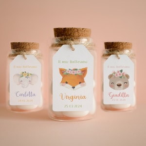 Tag rettangolari Battesimo bambina con animali, segnaposto volpe, segnatavola Comunione elefantino, tag Cresima orso