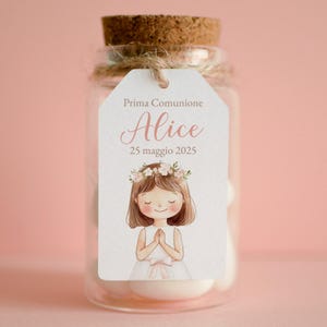 Tag rettangolari con bambina per Prima Comunione, Santa Cresima, tag Cresima illustrazione bimba