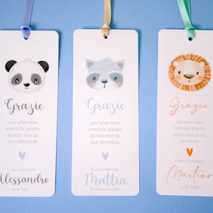 Segnalibro Battesimo bambino con animali, segnaposto panda, segnaposto tavola Comunione leone, segnalibro Cresima procione