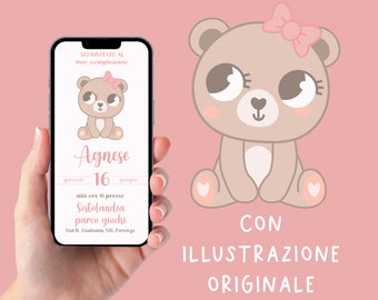 WhatsApp invitation for birthday, baptism invitation teddy bear girl, digital invitation email and for all social networks birthday girl