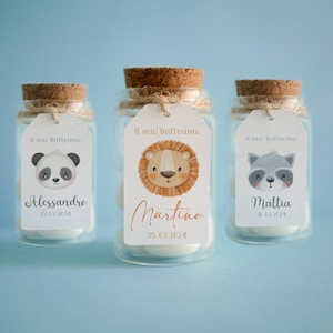 Tag rettangolari Battesimo bambino con animali, segnaposto leone, segnatavola Comunione panda, tag Cresima procione