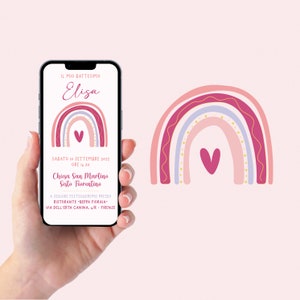 Invito WhatsApp compleanno con arcobaleno, invito battesimo bambina, invito digitale e-mail e per tutti i social