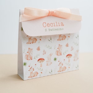 Scatolina battesimo animali del bosco, scatolina porta confetti nascita, bomboniera battesimo stile boho greenery