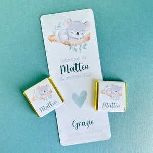 Cioccolatino personalizzato con segnalibro per Battesimo bambino con koala, segnaposto battesimo con koala, Compleanno tema koala