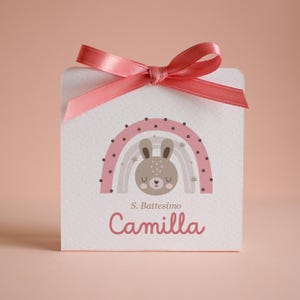 Scatolina nascita arcobaleno con coniglietto, Battesimo bambina, scatolina porta confetti teddy bear, bomboniera bambino con arcobaleno