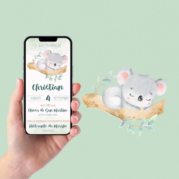 Invito WhatsApp per Battesimo con koala, invito battesimo bambino, invito digitale e-mail e per tutti i social