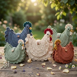 May include: A collection of handmade crochet chicken-shaped purses in various colors, including blue, green, cream, and rust. Each purse features a button closure and a detailed comb and wattle. The purses are arranged on a rustic wooden surface.