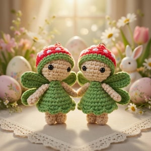 Puede incluir: Dos muñecas de hadas hechas a mano con ganchillo, con vestidos verdes, alas en forma de hoja y sombreros de seta. Las muñecas se dan la mano, sobre un fondo de huevos de Pascua, flores y un conejo blanco. Las muñecas miden unos 10 cm de alto.