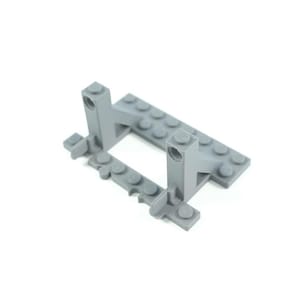 May include: A gray plastic building block with a rectangular base and two vertical posts. The block has a series of circular studs on top and is designed for construction and creative play.