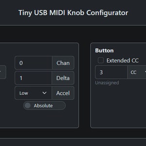May include: Screenshot of the Tiny USB MIDI Knob Configurator interface. The dark gray interface displays settings for rotation, button, and LED functions. Text includes "Flash LED", "Rotation", "Button", and "LED". The interface shows various configuration options.
