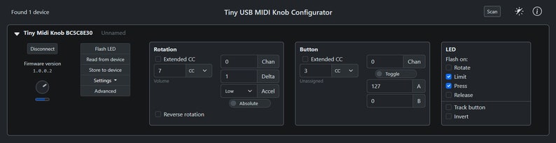 May include: Screenshot of the Tiny USB MIDI Knob Configurator interface. The dark gray interface displays settings for rotation, button, and LED functions. Text includes "Flash LED", "Rotation", "Button", and "LED". The interface shows various configuration options.
