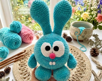 Padrão de crochê de coelho azul, tutorial DIY de coelho de pelúcia redondo em PDF, guia para brinquedo de pelúcia de animal de desenho animado fofo, projeto de artesanato para decoração de quarto de bebê