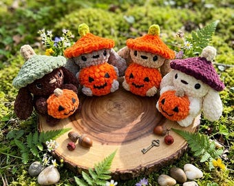 Padrão de crochê de coelho abóbora em amigurumi, tutorial faça você mesmo de coelho de pelúcia de outono em PDF, guia de animais fofos de abóbora de Halloween, decoração de quarto de bebê para o Halloween