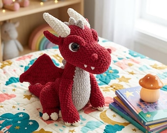 Padrão de crochê de dragão vermelho, PDF de dragão amigurumi gigante, criatura fantástica de pelúcia de veludo grande, tutorial de faça você mesmo para bichinho de pelúcia (download digital)