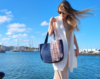 Elegant navy blue eco-leather bohemian tote bag with geometric print, Sophisticated blue eco-leather tote bag with Gobelin bohemian look