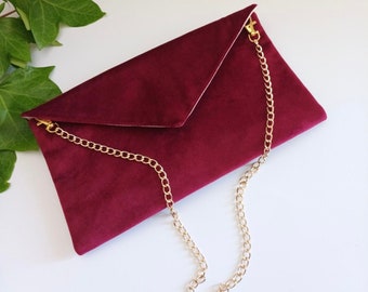 Elegante bolso de mano de noche de terciopelo rojo vino con cadena dorada extraíble, Clutch de terciopelo burdeos con  cadena dorada