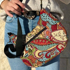 Retro Schultertasche, Floral Crossbody Tasche, Vintage Stoff Tasche Geschenk für beste Freundin, Gobelin Stoff slouchy bag, 20