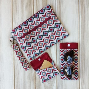 Conjunto bolso cartera de mano con rombos  y accesorios, Trio bolso cartera de mano con rombos, Regalo Bolso cartera de mano con tarjetero
