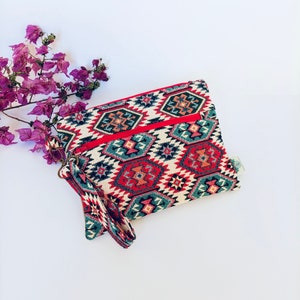 Bolso para la muñeca en tejido Gobelins diseño estilo turco, Bolso pulsera turco con correa desmontable, Bolso étnico con correa para regalo