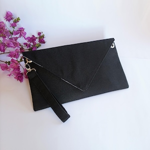 Bolso de mano negro para fiesta, Cartera rectangular de tela, Regalo clutch para evento, Bolso de sobre para cena, Bolso de tela negra