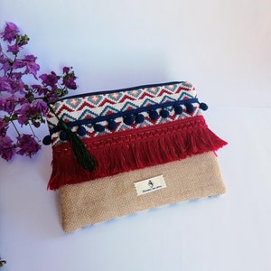 Bolso de mano estilo boho, Bolso tribal para verano, Cartera de tela arpillera para uso diario, Regalo bolso neceser para una amiga