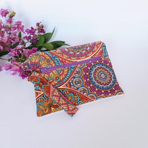 Bolso Boho ojo turco con correa para la muñeca con Mandalas y dos bolsillos con cremallera, Bolso de muñeca turco  para vacaciones de verano