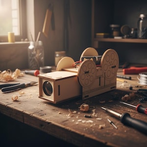 May include: A wooden model of a vintage film projector sits on a wooden workbench. The projector is light brown with circular reel designs and a lens. Various tools, including pliers and screwdrivers, are scattered around the projector.