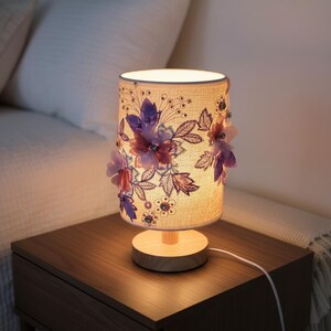 Fabric Table Lamp LED Night Light Bedroom Desk Lamp Wooden Iron Frame USB Soft Light Study Dormitory Decor with Flower Pattern