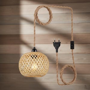 Lámpara colgante de bambú con enchufe y cable de 4,5 m, lámpara de araña estilo bohemio con pantalla de ratán, luz de techo para dormitorio, pasillo o mesa de comedor.