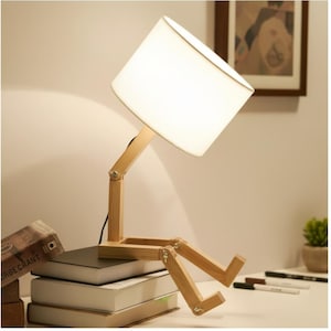 Adjustable Robot Shape Table Lamp E27 Wooden Fabric Bedroom Lamp Foldable Desk Light for Living Room Study Creative Gift