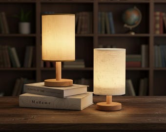 Lámpara de mesa USB pequeña para mesita de noche con pantalla redonda de tela, lámpara de lectura para habitación infantil con base de madera.