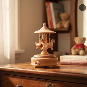 Wooden Carousel Trojan Horse Music Box Hand-cranked Rotatable DIY Handmade Birthday Christmas Gift Ornament Home Decor