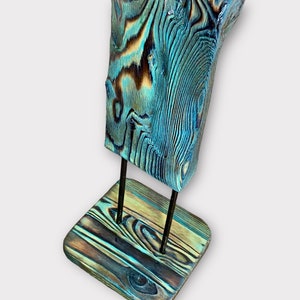 Wooden sculpture made from at least 100 years old wood, flamed old wood turquoise 45,28 inch
