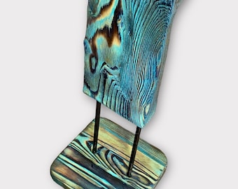 Wooden sculpture made from at least 100 years old wood, flamed old wood turquoise 45,28 inch