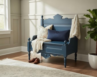 Storage Bench | Kitchen Bench | Chest Seat from 1880 Farmhouse Bed – Vintage – Upcycled One of a Kind in dark Blue