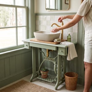 May include: A sage green vanity table repurposed from a vintage Singer sewing machine base, featuring a rectangular white vessel sink, a brass faucet, a wooden tray, a small potted succulent, and a beige towel draped over the side.