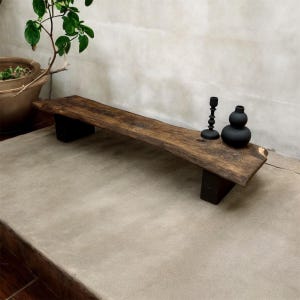 Salontafel van gerecycled eikenhout, bank, wabi-sabi, salontafel in Japanse stijl, Japandi-meubels, houten bank, meditatiebank, lage bank