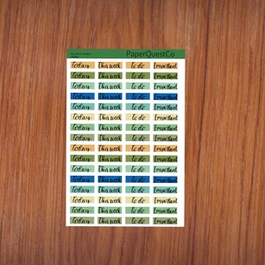 Puede incluir: Una hoja de pegatinas de planificador coloridas con las palabras "Hoy", "Esta semana", "Por hacer" e "Importante" repetidas en cada pegatina. Las pegatinas son en tonos de verde, azul, amarillo y naranja.