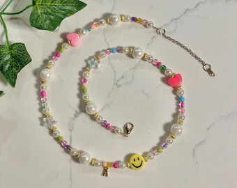 Girly Pop | Customizable fun pink colorful beaded pearl charm necklace | colorful pink summer beaded customized necklace choker